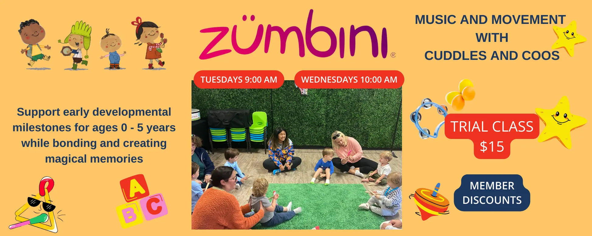Weekly Zumbini Class for 0-5 Years Old every Tuesdays 9:00 AM and Wednesdays 10:00AM